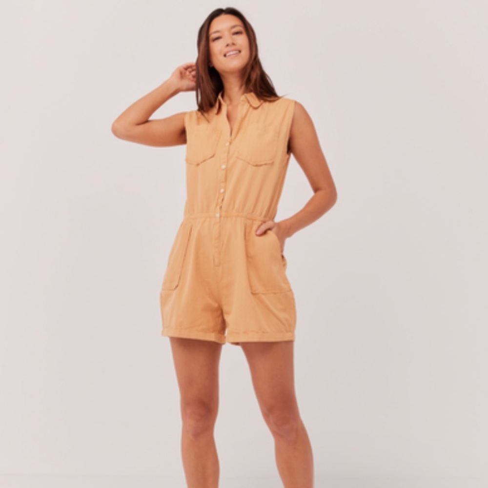 PACT Organic Sleeveless Utility Romper Shorts in Tan